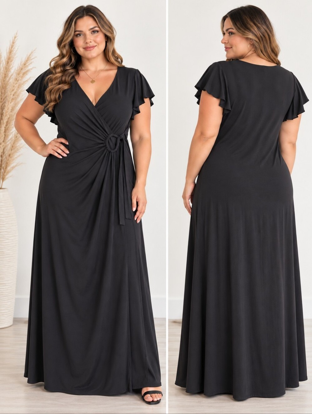 Lane Bryant Black Faux Wrap Maxi Dress Side Ring Flutter Sleeve Size 14/16 Event
